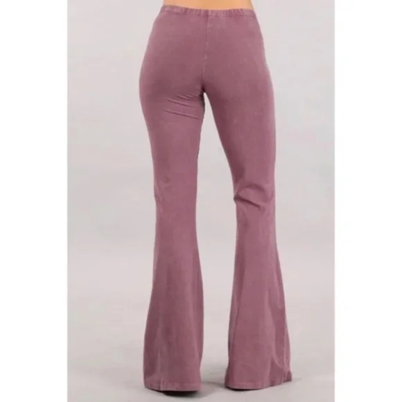 Dusty Rose Boho Mineral Wash Stretch Flared Bell Bottom Casual Pants - Picture 3 of 6